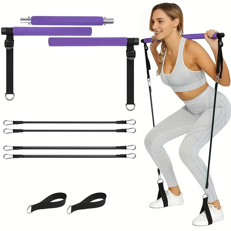 Kit de Pilates Bar com bandas de resistência, 3 seções Pilates Bar, Bandas empilháveis, Equipamento de treino para pernas, quadril, cintura e braço, ex