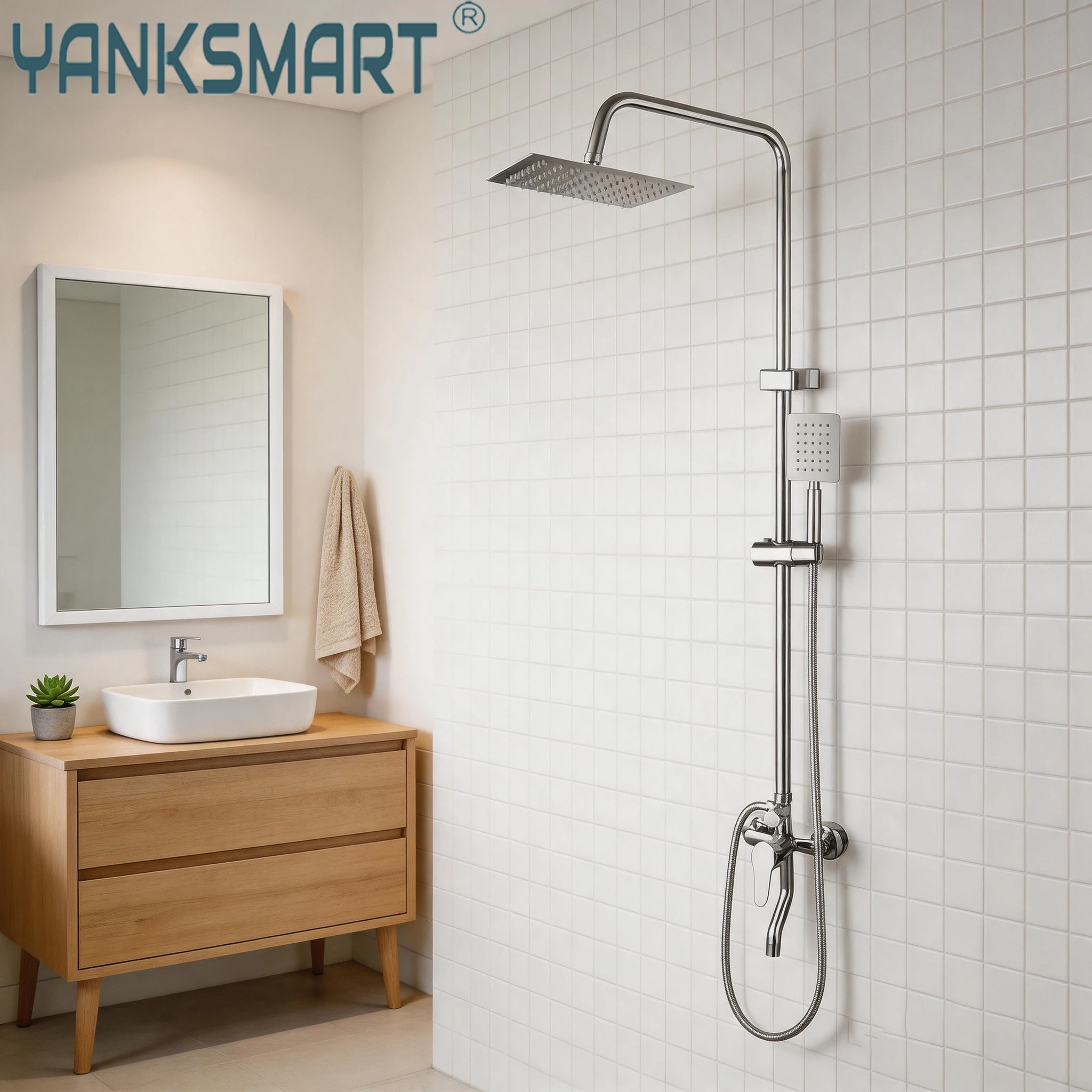 YANKSMART Luxury Chrome Polished Rainfall Wall Mounted Bathroom Shower faucet Set  Adjust Height Handle Shower Mixer Water Tap