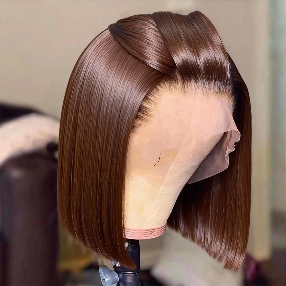 # 4 brun chocolat droite courte Bob sans colle perruques de cheveux humains pré-cueillies 250 densité 13x4 HD Transparent pleine dentelle frontale perruques # 4 brun chocolat droite courte Bob sans colle perruques de cheveux humains pré-cueillies 250 densité 13x4 HD Transparent pleine dentelle frontale perruques