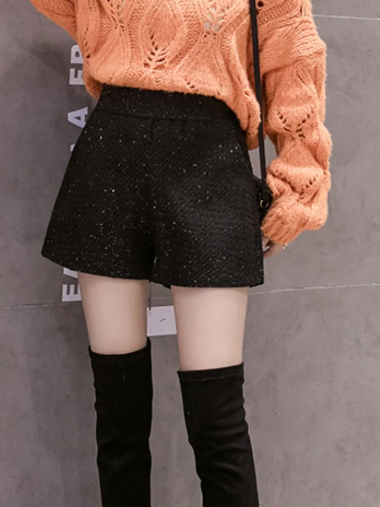 2025, neue Herbst/Winter-Wollhose mit elastischer Taille, funkelnder grober Hanf, helle Seide, Wolle, weites Bein, Stiefel, Hose, Tweed-Shorts