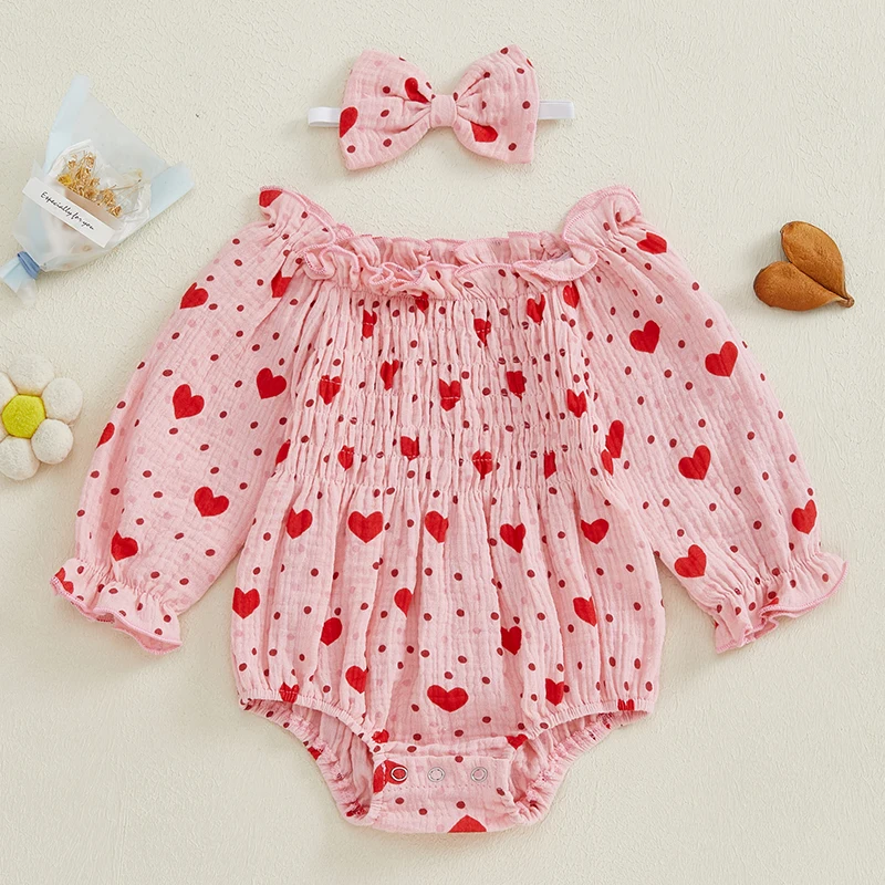 Infant Baby Girls Valentine Day Clothes Cute Heart Print Long Sleeve Rompers and Cute Headband 2PCS Set for Toddler Newborn