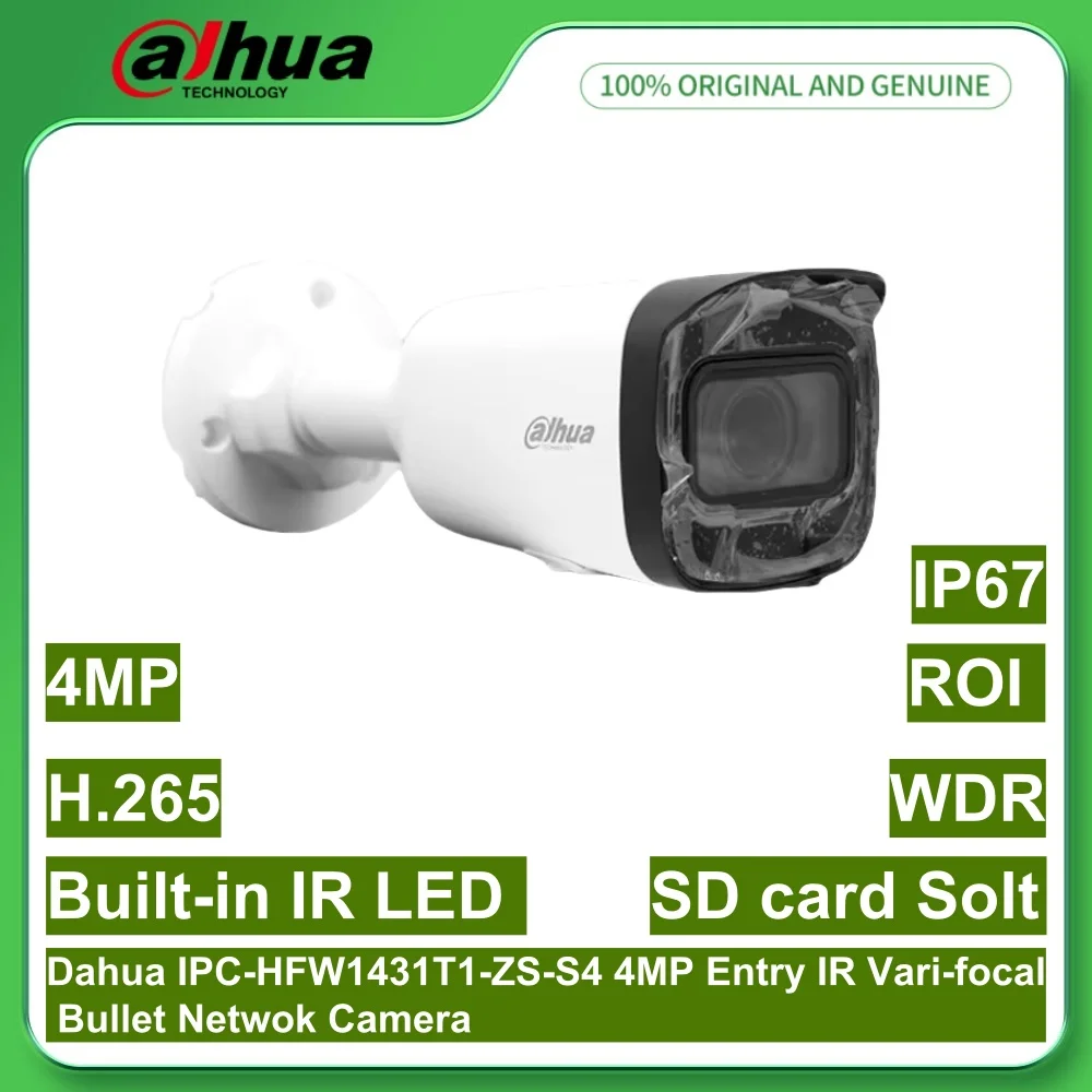 

Dahua IPC-HFW1431T1-ZS-S4 4MP Entry IR Vari-focal 2.8-12mm Bullet Netwok PoE Camera H.265 WDR Motion Detection SD Card Solt IP67