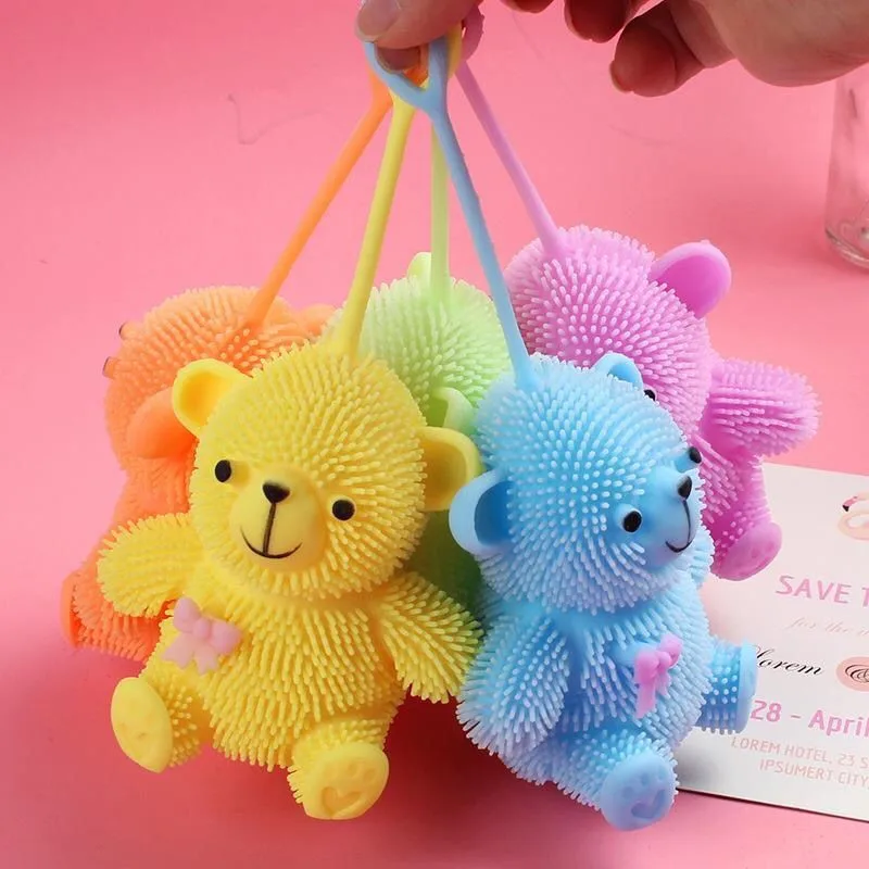 12-24PCS Glow in Dark Fluffy Squishy Bear Stress Ball LED Flashing Fidget Toy Cute Bowknot Squeeze Puffer for Kids Adults Gift