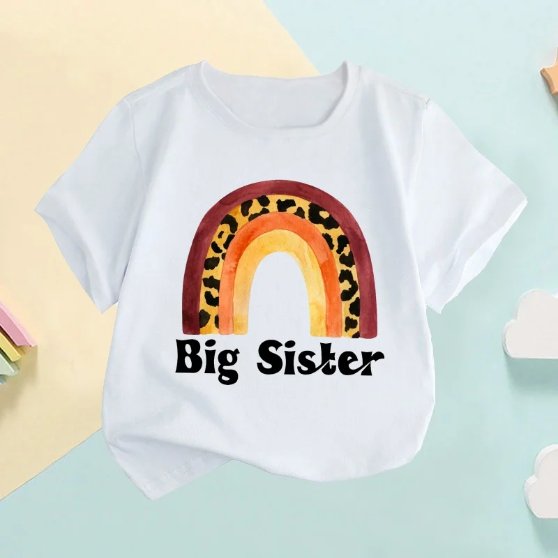 Big Sister Little Sister Leopard Rainbow Print Girls T shirt Cute Summer Kids T-shirts Children Baby Sisters Matching Clothes