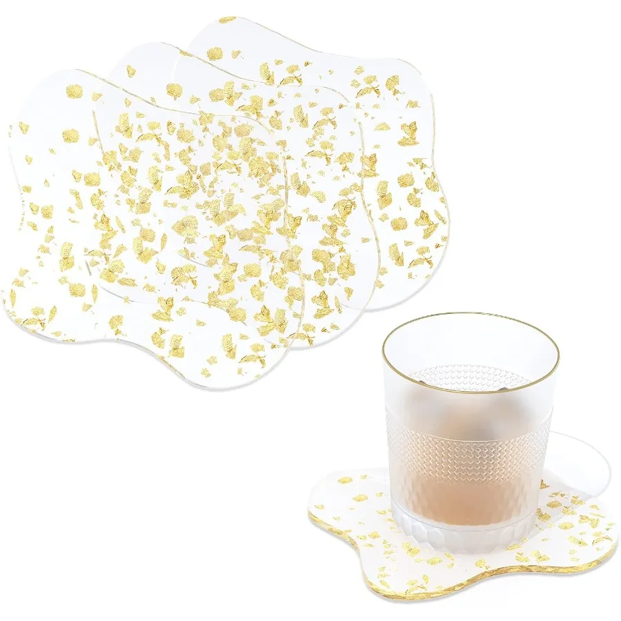 

Set of 4 Acrylic Gold Foil Coasters Waterproof Non-Slip Durable Cup Mats for Home Party and Festival Decorate Drop Shape Table