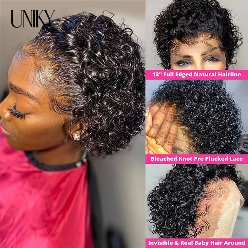 Peruca curta de corte pixie peruano onda de água perucas de cabelo humano para mulheres negras 18% destino profundo encaracolado 13*1 perucas dianteiras do laço para mulher