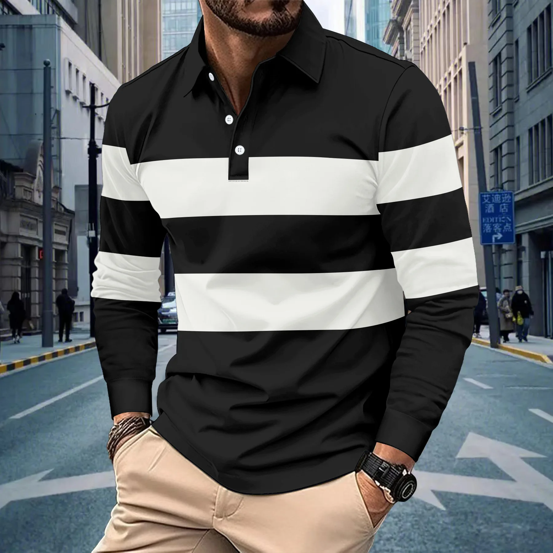 

Long-sleeved Polo Shirt Spring and Autumn European and American Men's Casual Striped Lapel Men's T-blood Top