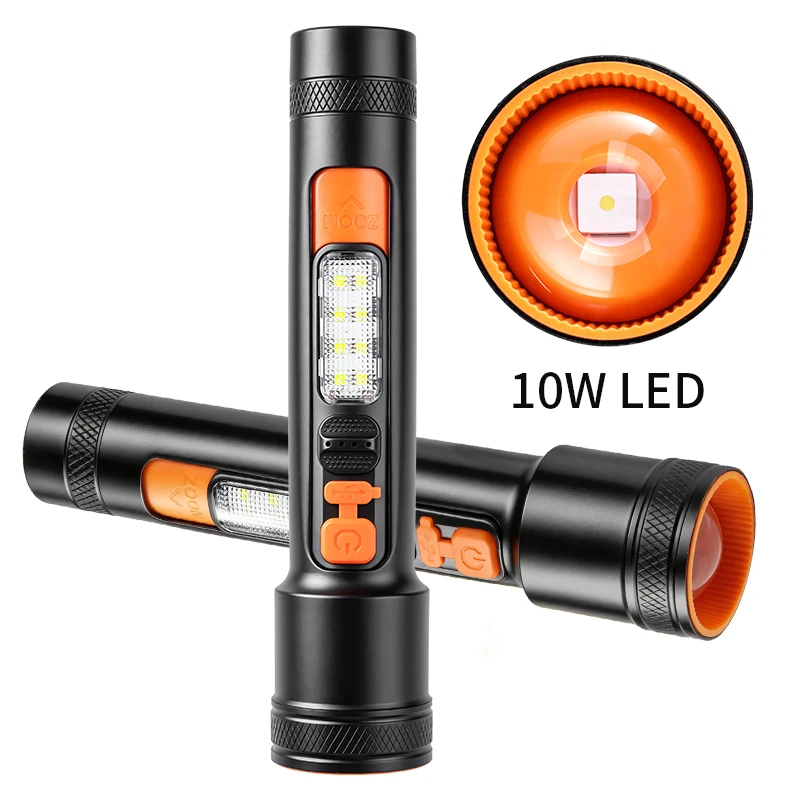 Multifunctional 30W High Power Flashlight LED Side Light Illumination Push-Pull Zoom Torch with Power Reminder for Outdoor Use