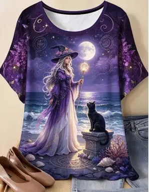 Women Winter Witch Black Cat Snow Cabin Print Ringer T‑Shirt Fantasy Magic Wolf Scene O‑Neck Short Sleeve Casual Graphic Tops