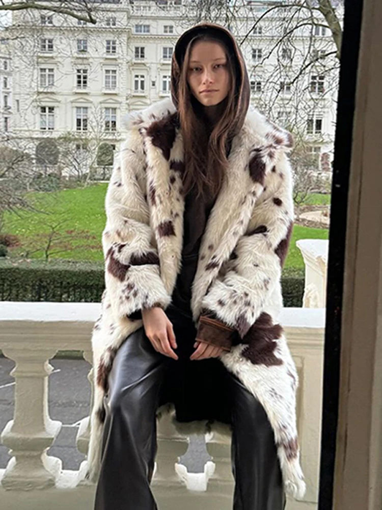 Abrigo largo elegante de piel sintética con manchas de leopardo para mujer, abrigo elegante y esponjoso de felpa grueso y cálido con solapa, prendas de vestir exteriores a la moda para invierno 2024