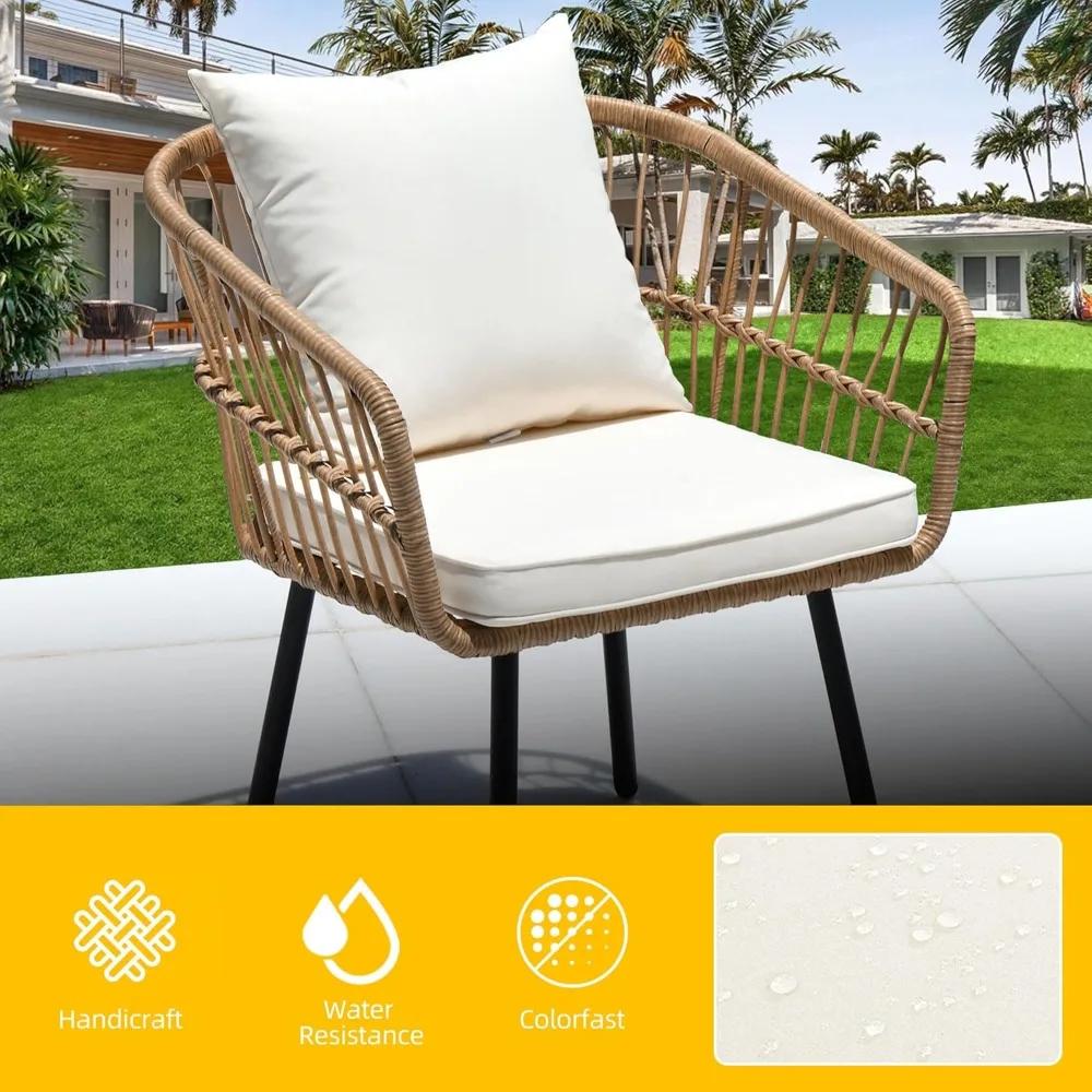 5 Piece Patio Bistro Set, Outdoor Wicker Conversation Set with Ottomans and Side Table, All-Weather Durable Rattan Furniture