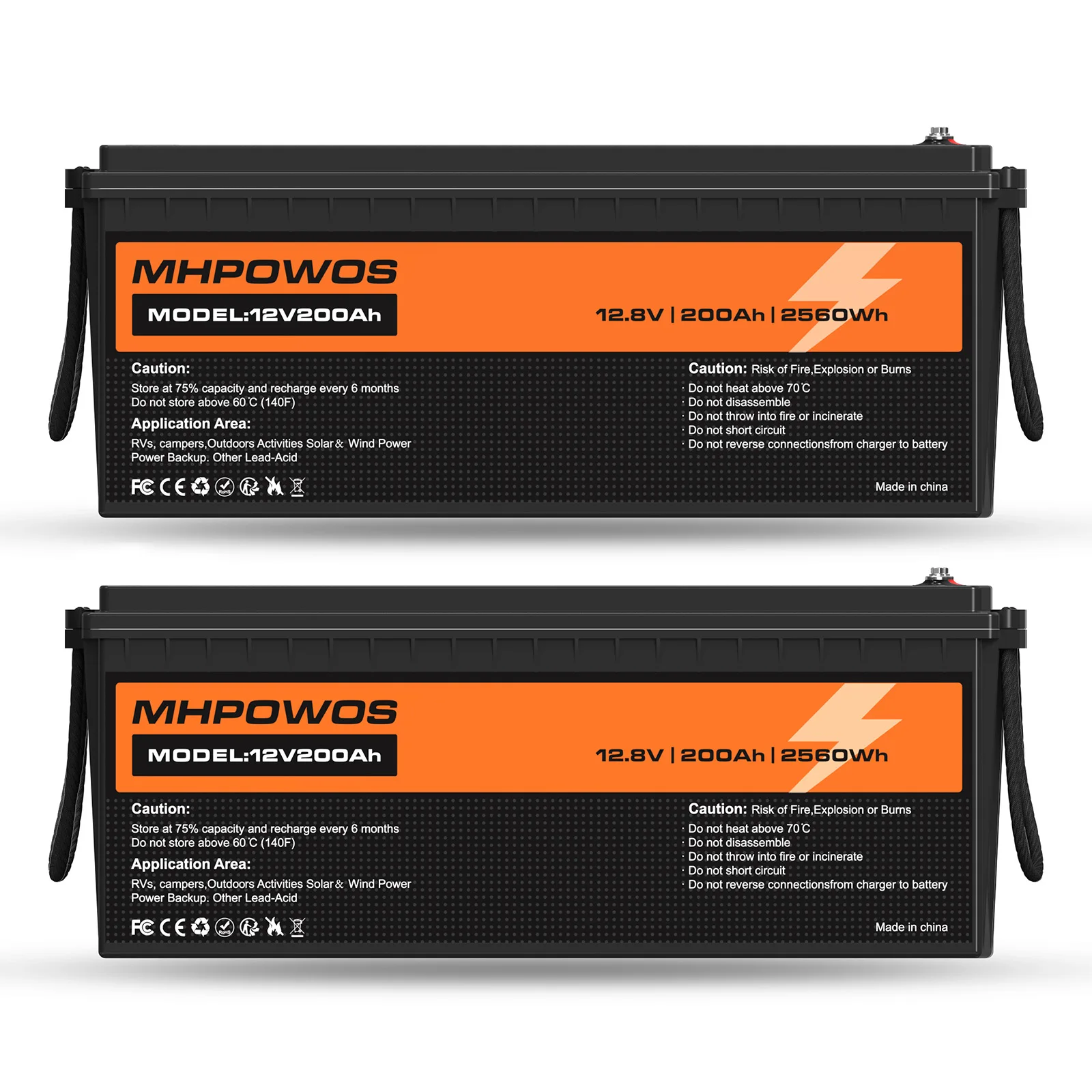 

MHPOWOS 12V Lithium Battery 200AH Nominal Capacity 2560W LiFePO4 Battery With BMS Solar Portable Rechargeable Deep Cycle Battery