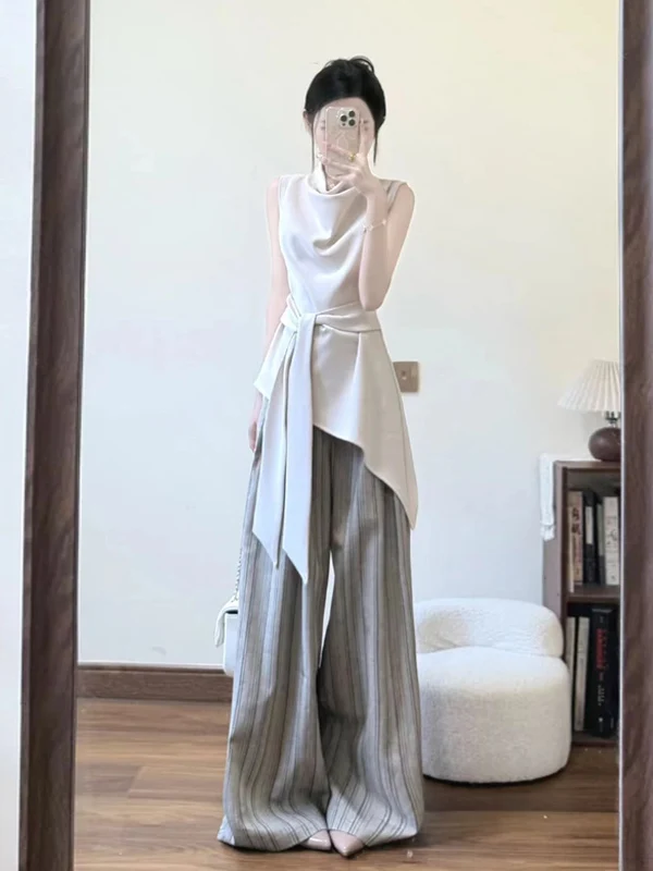 

Elegant Waist-Cinching Strapless Top And Wide Leg Pants Two-Piece Set for Women Summer Lazy Style Loose Fit Outfit