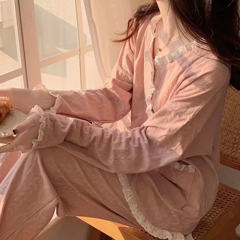 Pijama feminino manga comprida de algodão puro, conjunto casual simples para casa, moda estilo princesa, renda nova, primavera e outono, 2024