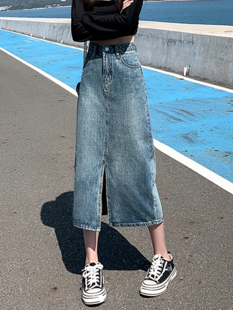 S-5xl Denim Skirts Women Summer Korean Style Bleached High Waist Vintage Leisure Fashion Streetwear Simple Chic Solid All-match