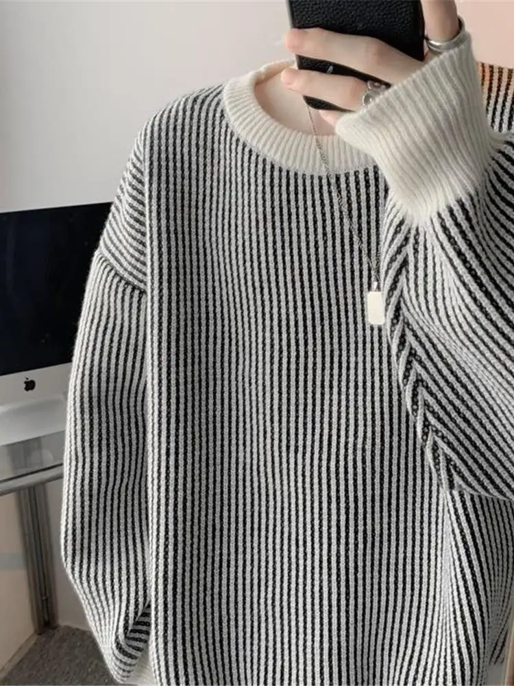 

Мужской модный вязаный свитер с круглым вырезом, осенне-зимняя теплая шерстяная рубашка, приталенный крой, длинный рукав, ретро-дизайн, для ношения под одеждой