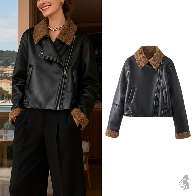 

Womens Black Leather Short Biker Jacket With Shearling Collar Autumn And Winter Commuter Warm Fashion Jacket Woman Clothes