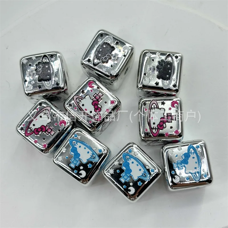 Through hole 15mm Hello Kitty printing silver square bead pen Sanrio mobile phone chain loose beads diy handmade materials