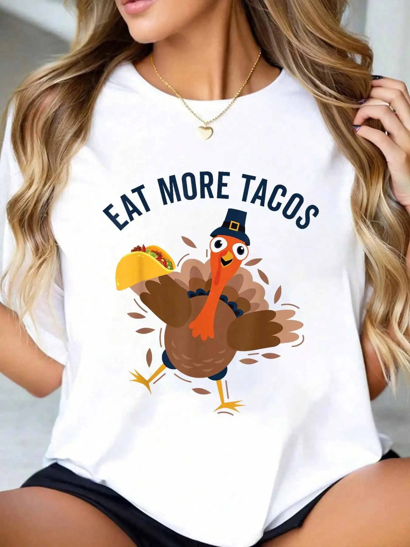 Camiseta blanca de manga corta para mujer, talla grande, Eat More Tacos, gráfico de Turquía, comida divertida, Top informal elegante con temática