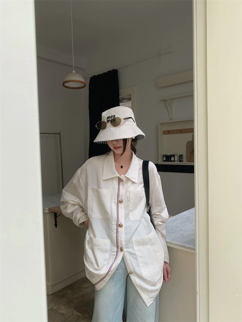 

Kumikumi Women's Long Sleeve Shirt Casual Loose Fit Slimming Summer Top in Linen Fabric with Button Detailing Classic Collar