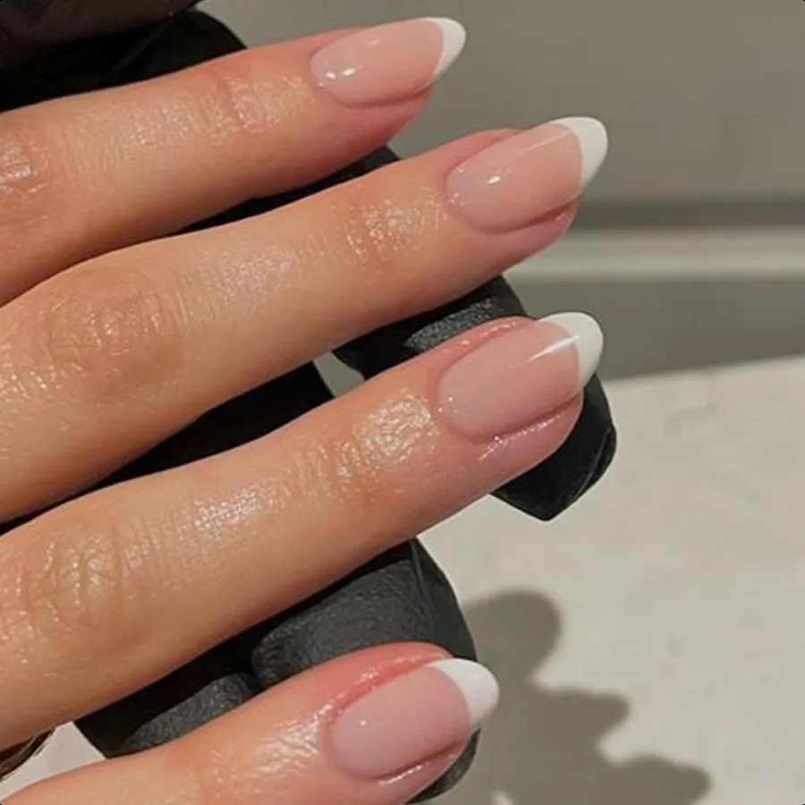 French Tip Pr On Nails Short Oval Fake Nails Pr Ons with Nail Glue Adhesive Tabs Nail File Prep Pad Manicure Stick 32Pcs 16 Siz