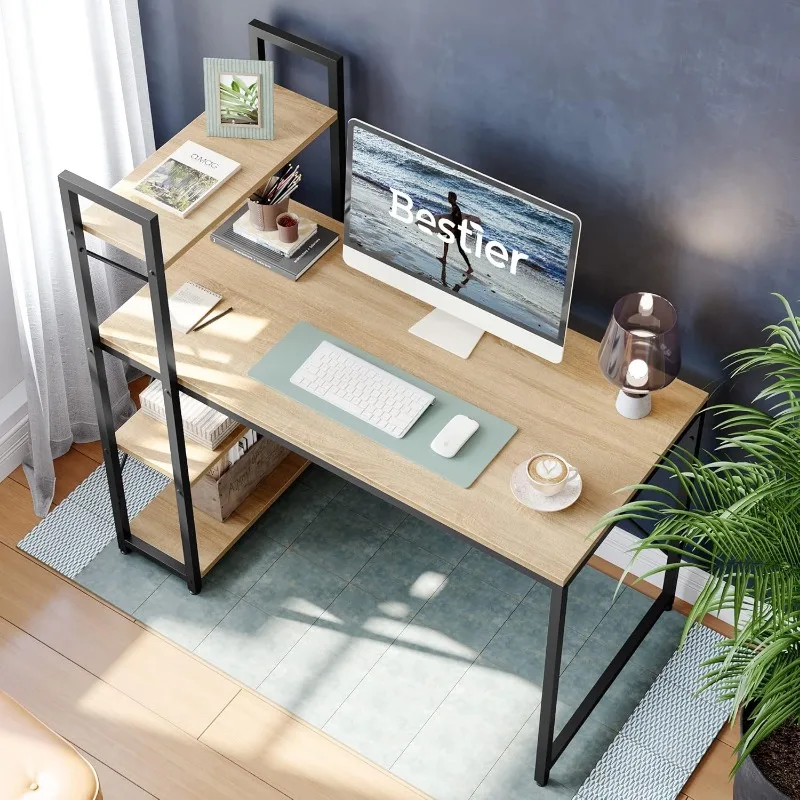 Bestier 47 Inch Computer Desk with Adjustable Shelves, Simple Writing Desk with Reversible Bookshelf and Metal Legs for Home