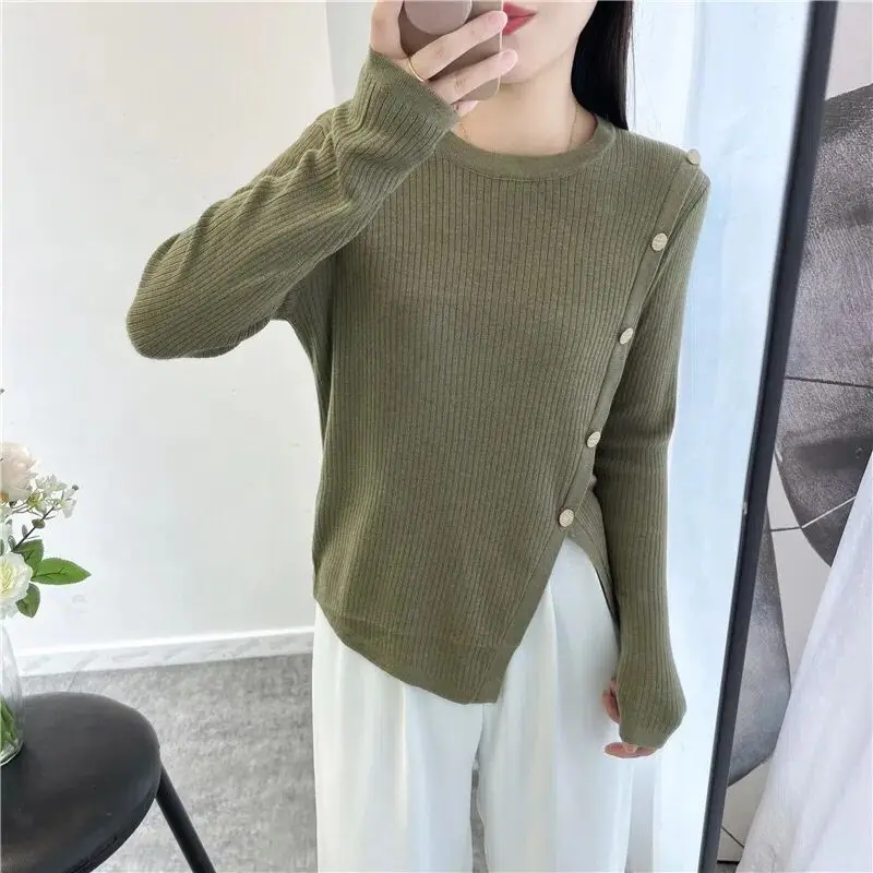 Korean Women\'s Clothing Pullover Long Sleeve Round Neck Button Contrast Color Striped Sweater Knitted Casual Spring Autumn Tops