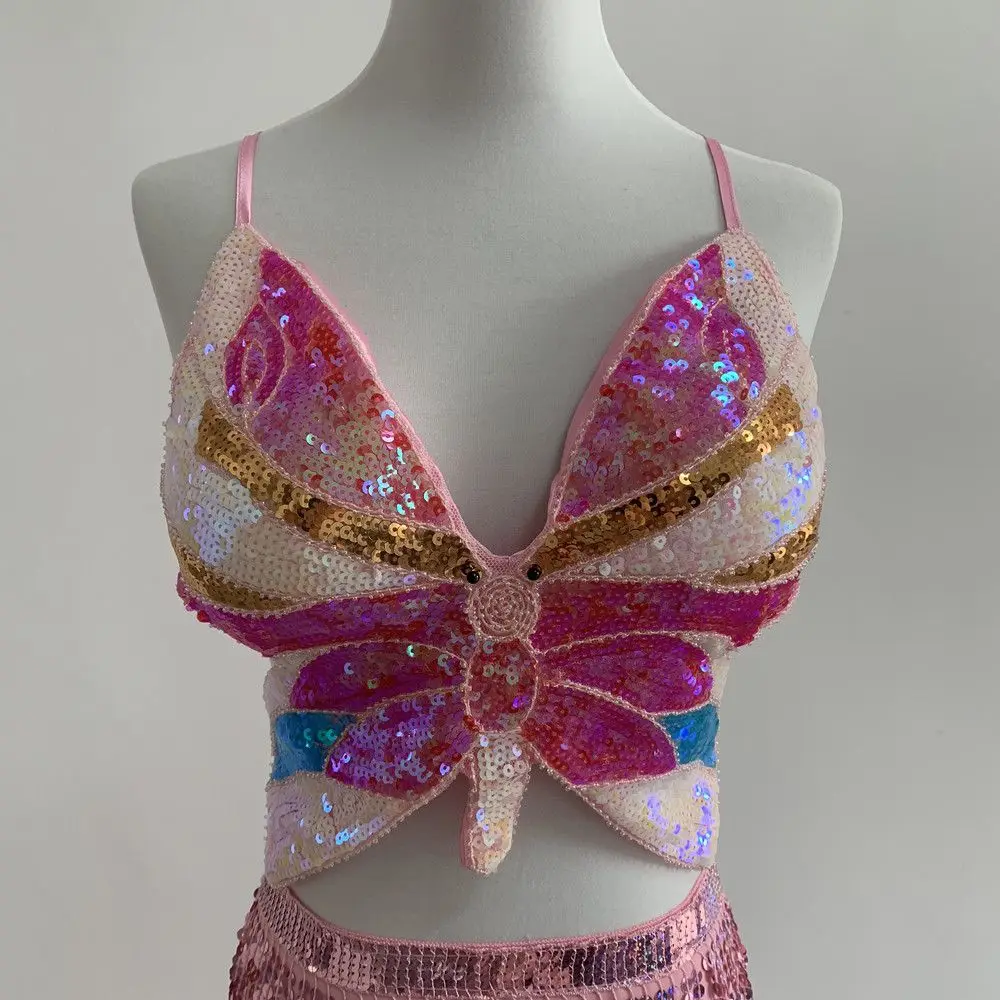 Sexy Backless Bandage Sparkly Sequin Crop Top for Women Fashion Dance Vest Carnival Costume Bra Belly Outfits Sequin Bras