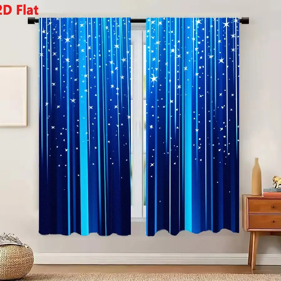 2Pcs Curtains 2D Flat Celestial Starry Night Sky Gradient Background With Vertical Light Blue Lines And White Star Shapes Dynami