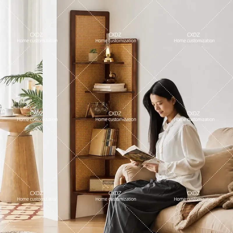 Rattan Corner Shelf Wall Mounted Triangular Storage Rack for Living Room Bedroom Display Stand Space Saving Organizer