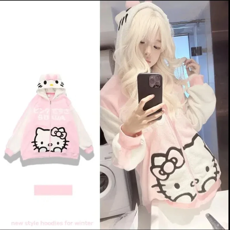 Hello Kitty Polar Fleece Jacket Anime Cartoon Sanrio Female Winter Thickened Cotton Jacket Student Warm Couple Cotton Tops