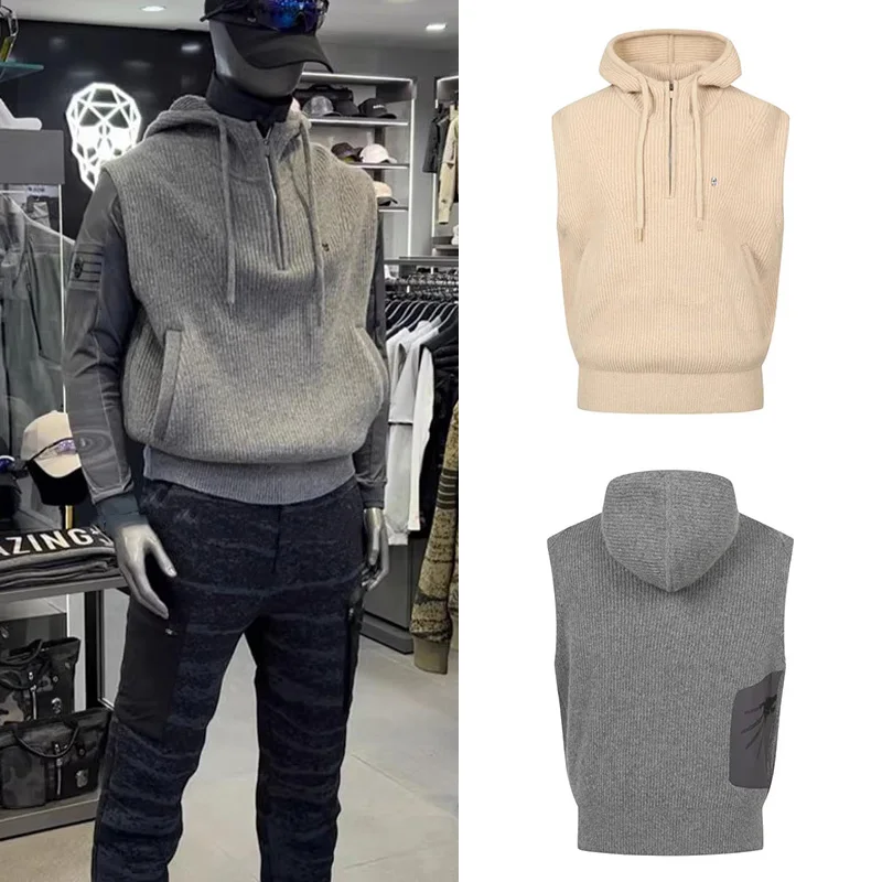 Autumn/winter Korean Golf Hoodei Men's Hooded Half Zipper Warm Knitted Golf Vest Versatile Fashion Sports Sleeveless Coat