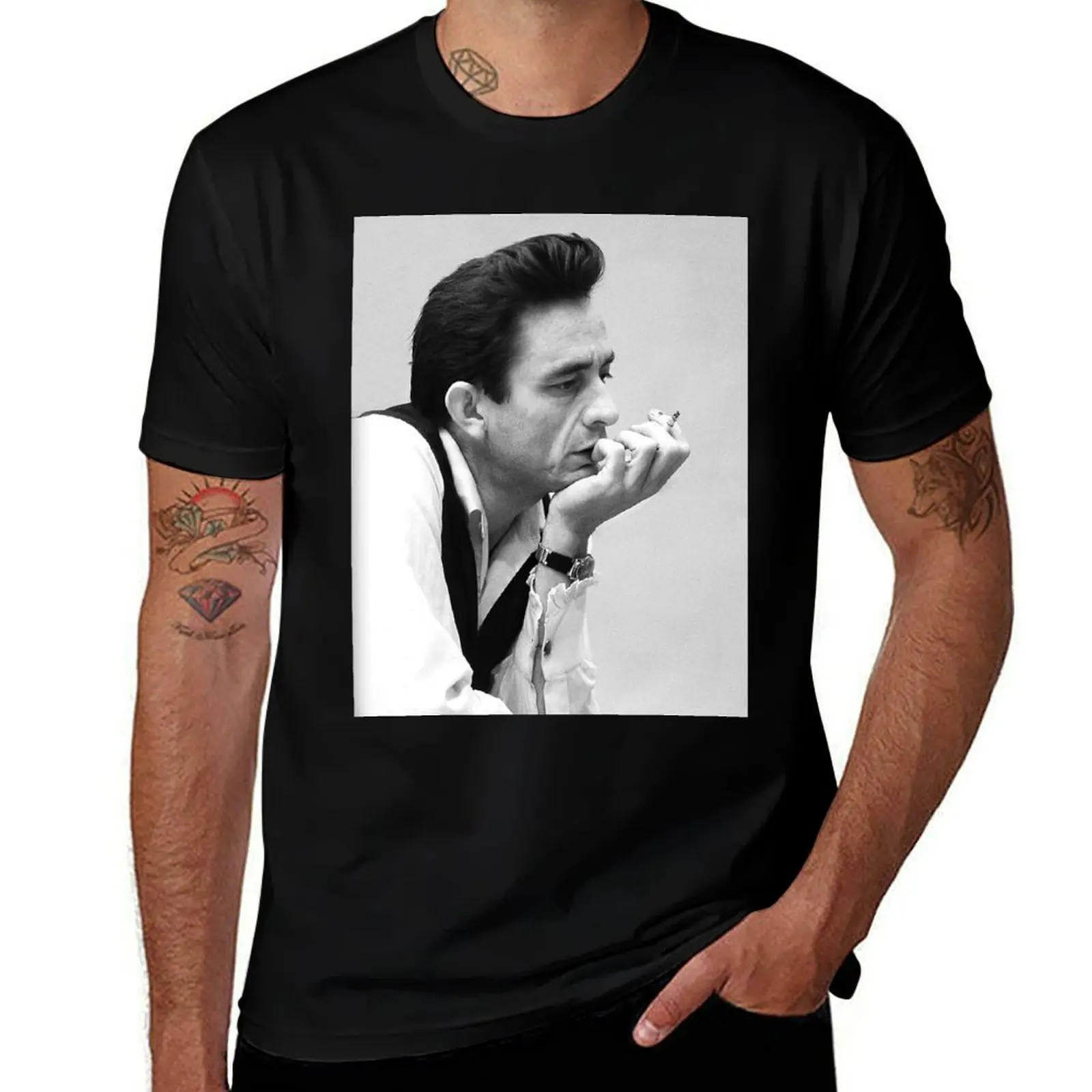 

Johnny Cash with Cigarette, Black and White Painting T-Shirt sweat graphic tee shirt blue lock mens graphic t-shirts hip hop