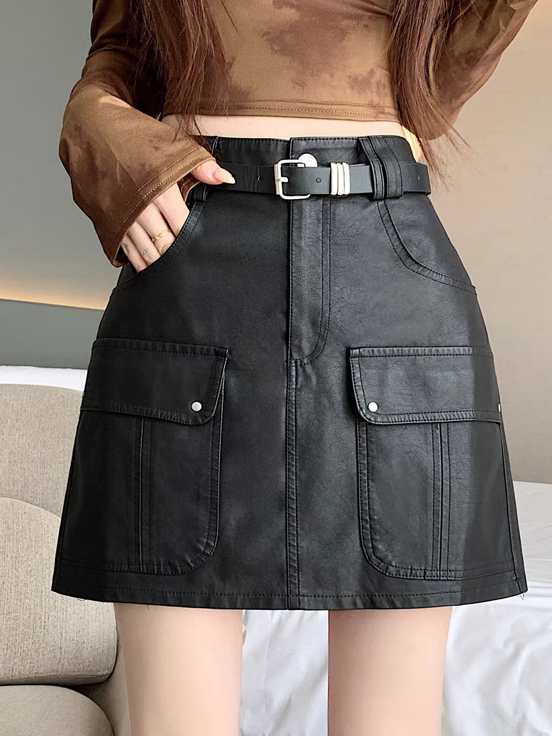 New PU Leather Cargo Mini Skirts for Women High Waist A-Line Short Skirt with Pockets Trendy Streetwear Designer Layering Skirt