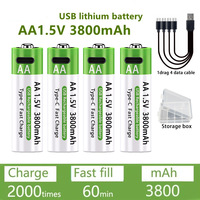 USB AA Rechargeable Batteries 1.5V 3800 mAh li-ion battery for remote control mouseElectric toy battery+ Type-C Cable part