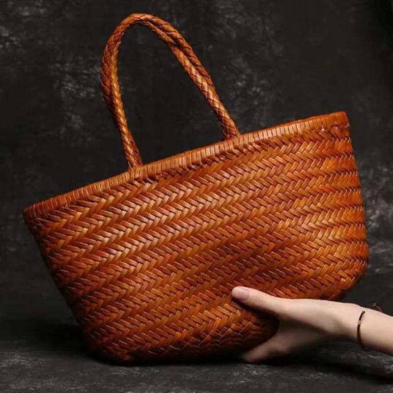 Vintage Genuine Leather Woven Shoulder Bag with Inner Bag Weaving Casual Women\'s Shopping Bag Tote Purse Cowhide Cross Hand Bags