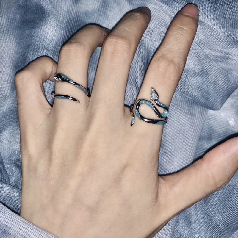 Fashion Sea Ice Blue Enamel Snake Openning Ring for Women Girls Normcore Metal Finger Rings Punk Party Jewelry Accessories Gift