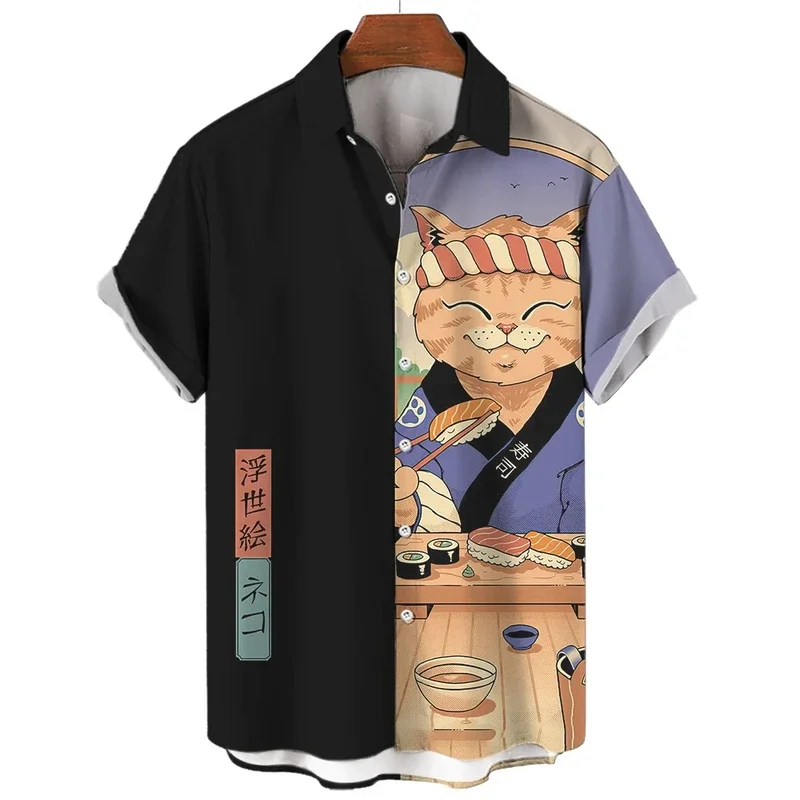 Fashion Men\'S Shirt Cool Samurai Cat Tops Summer New Men\'S Clothing Casual Short-Sleeved Buttons Loose Blouse Hawaiian Shirts