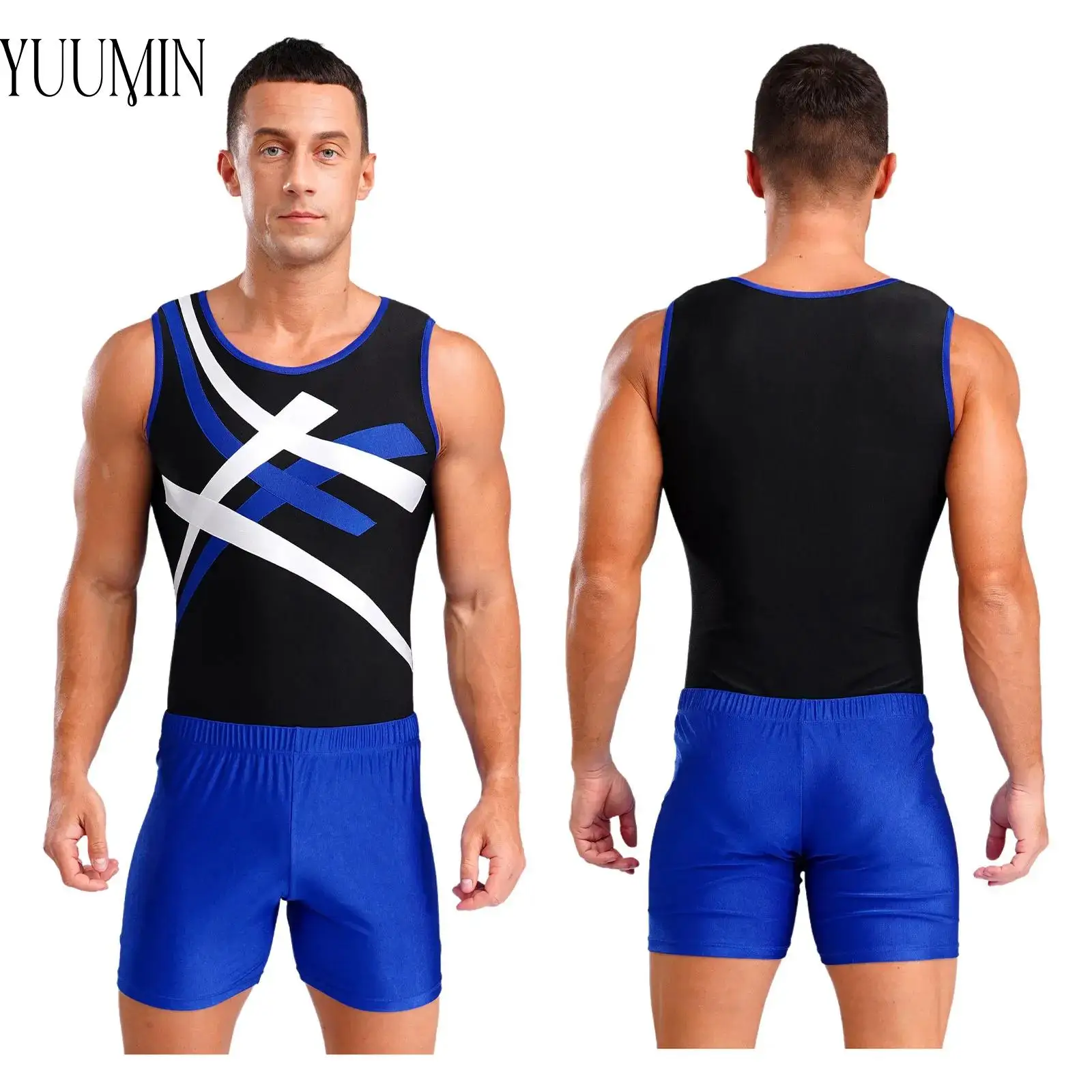 

Mens Rhythmic Gymnastics Outfits Ballet Dance Set Sleeveless Leotard with Shorts for Performance Competition Training Swimwear