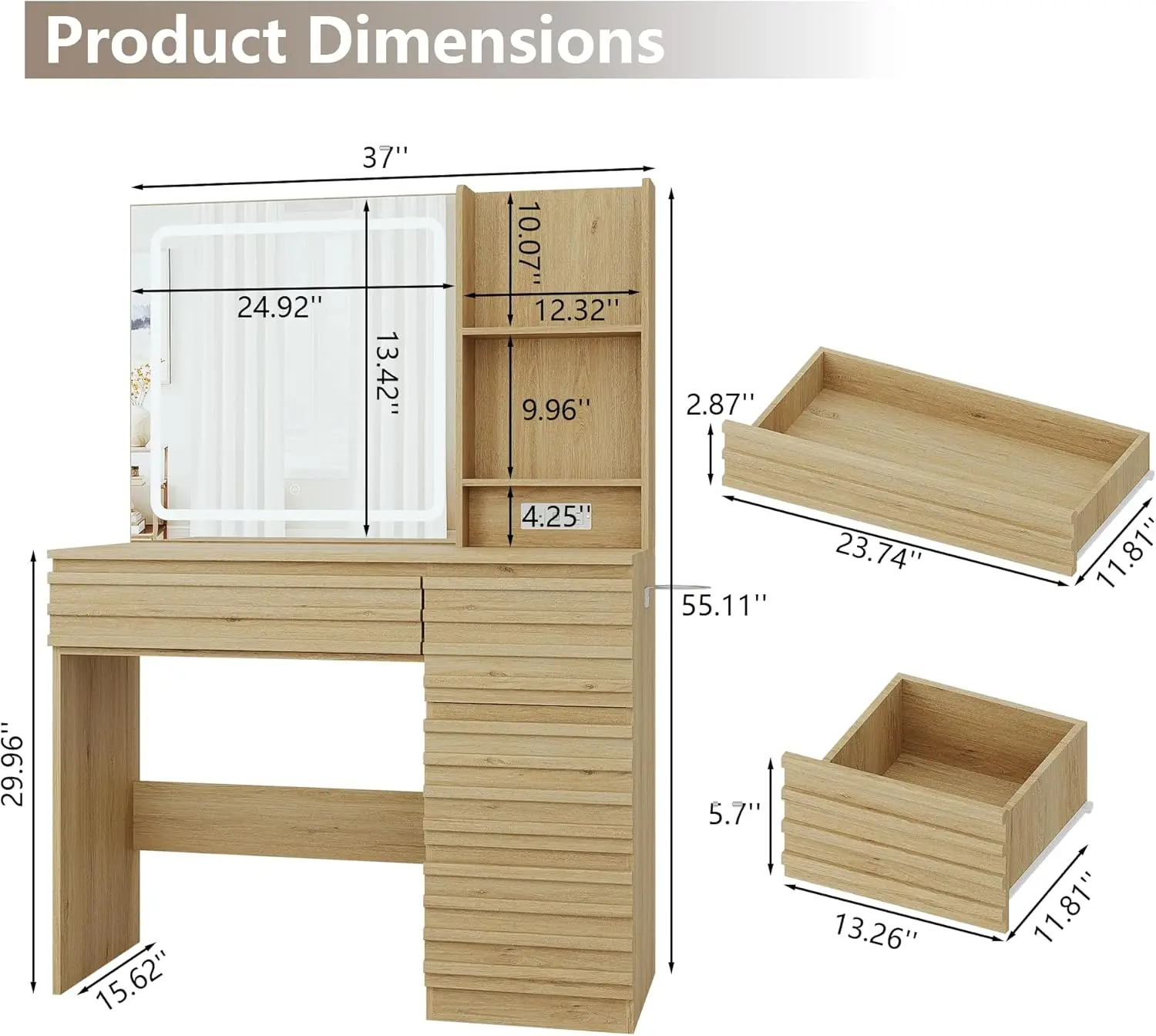 Bedroom Vanity Desk Set in Oak, Wood Material, 4 Drawers, Open Shelves, Charging Station and 3 Color Lighting Modes view 2