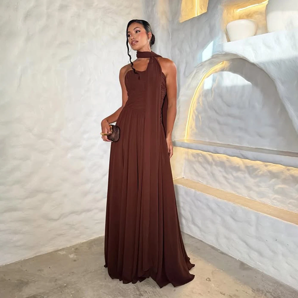 فستان سهرة شيفون كلاسيكي بياقة على شكل قلب مصنوع حسب الطلب على شكل حرف a بدون ظهر بطول الأرض مع شال فيستدوس #1