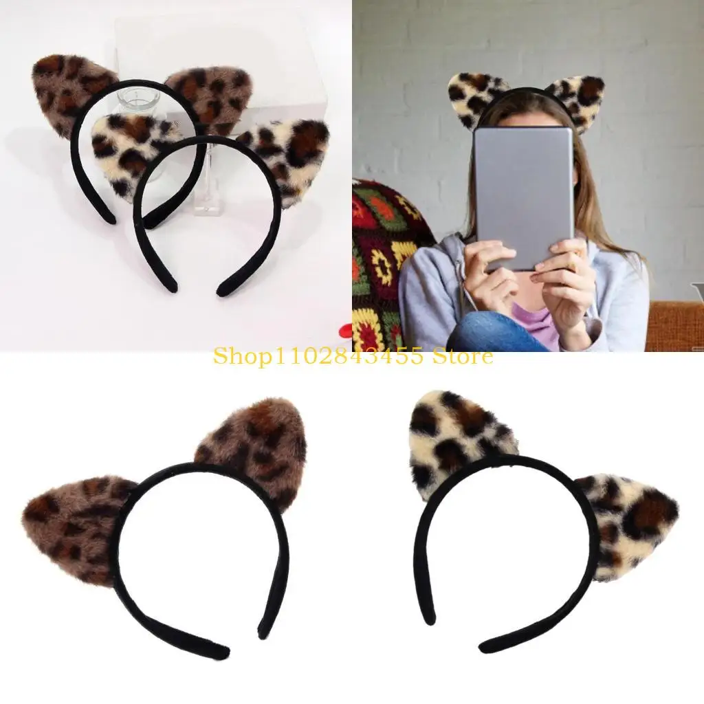 

49MC кошачьи ушки плюшевая повязка на голову с леопардовым узором повязка для волос Фестиваль сбора украшений для волос