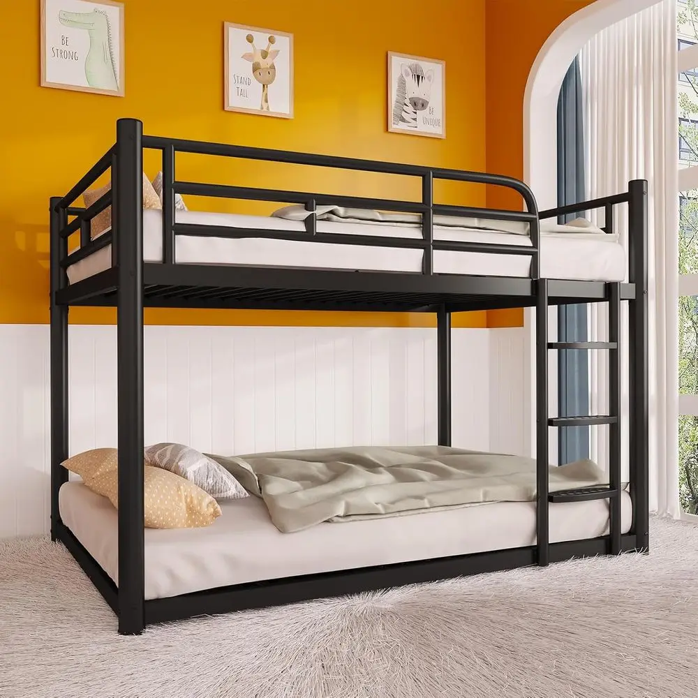 Metal ull Over ull Size Bunk Bed or Adults & Kids,Low Proile Bunkbeds with Length Guardrail and Ladder, No Box Spring Needed,Spa