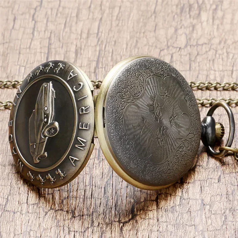 Retro Bronze Car Pattern Full Hunter Necklace Chain Quartz Pocket Watch for Men Women Pendant Fob Watches Vintage Gifts Reloj