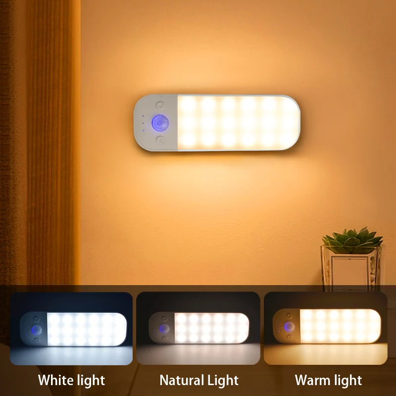 3 Colors Motion Sensor Night Light Rechargeable Wall Lamp Under Cabinet Led Lights for Kitchen Cabinet Bedroom Wardrobe Lighting