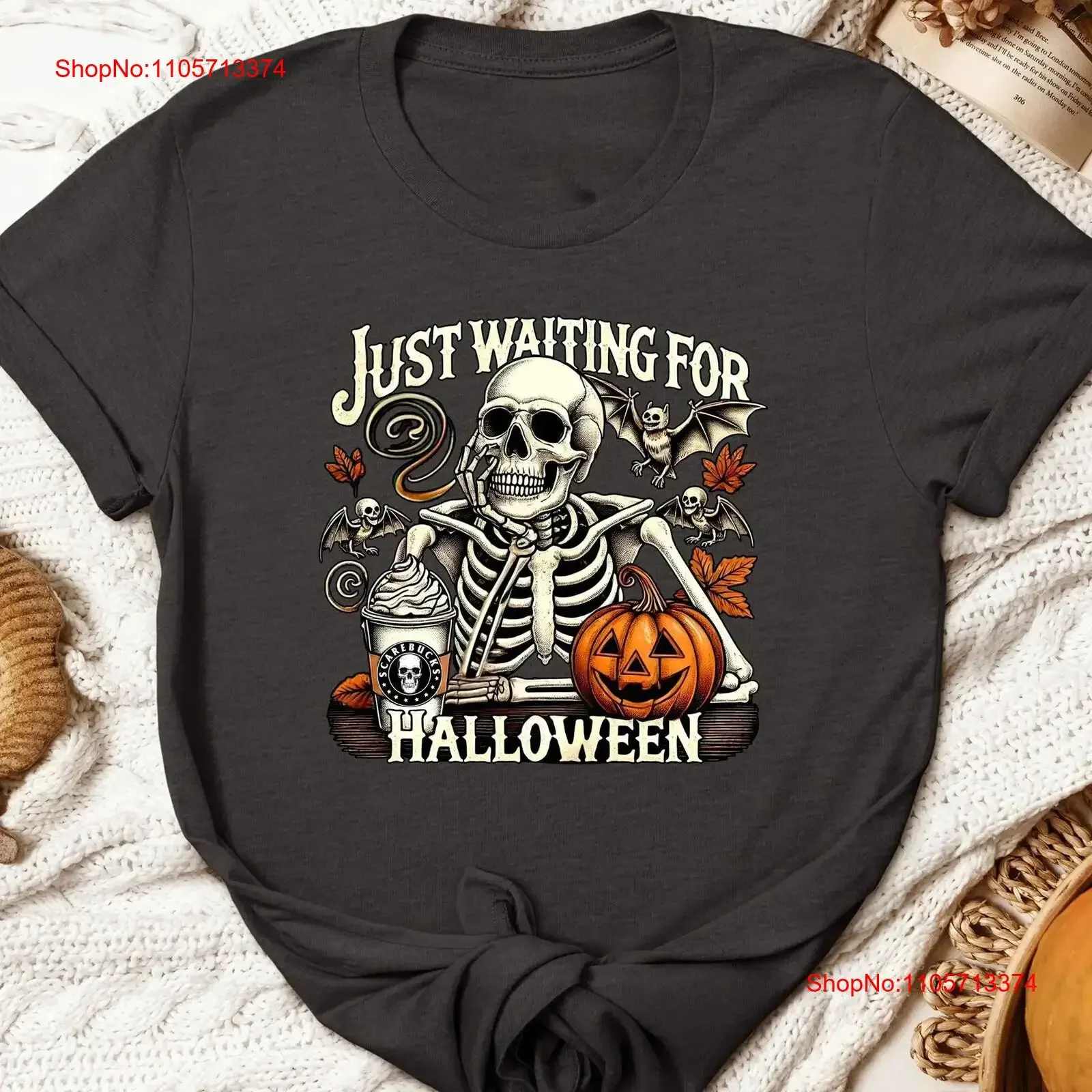 Just Waiting for Halloween T Shirt Funny Skeleton Spooky Season Fall Coffee vintage Washed Versatile streetwear graphic fashion