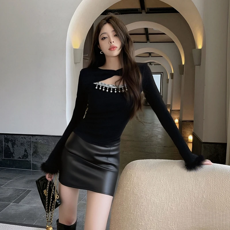 

Faionable Two-Piece Set New Year Women's Autumn Winter Irregular Skirt Ensemble Ele Long Sve round Ne Busin Sle