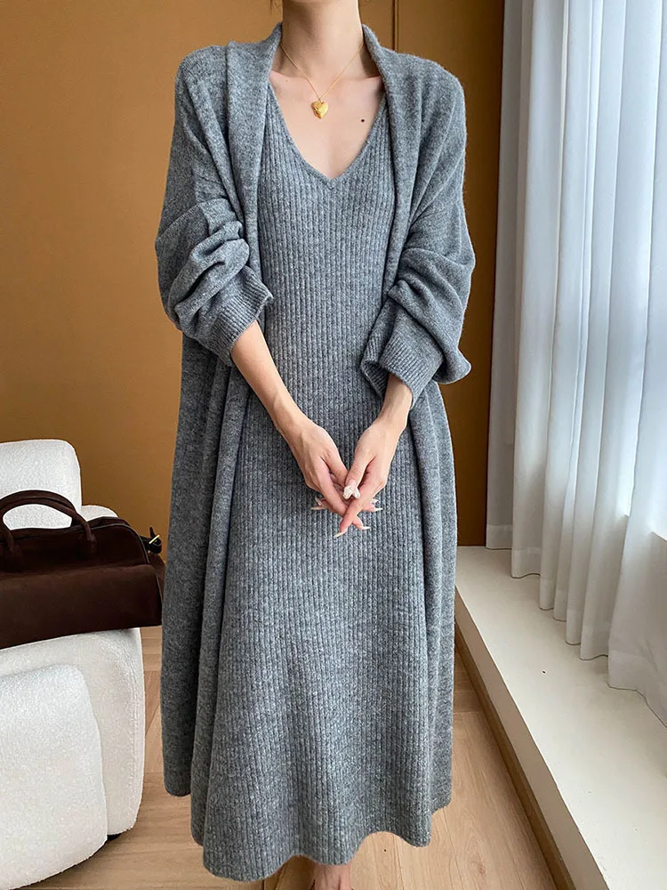 

Gray Elegant Long Knitting Cardigan Sweater V-Neck Long Sleeve Women New Fashion Tide Spring Autumn