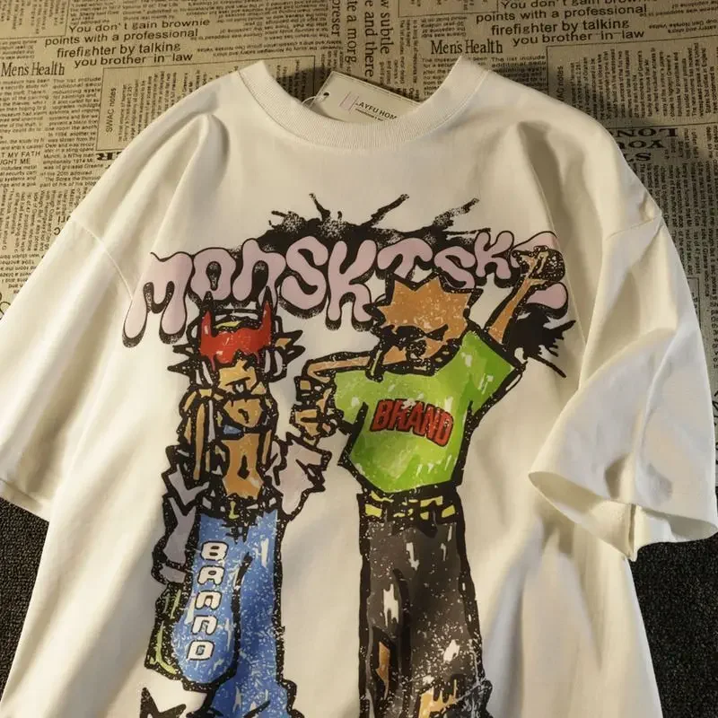 

Модная американская уличная футболка с мультяшным принтом для мужчин и женщин, летняя свободная хлопковая футболка в стиле хип-хоп Y2k с половиной рукавов