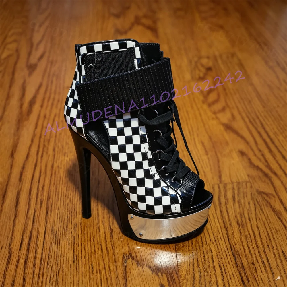 Women Open Toe Ankle Boots Platform Stiletto High Heels Lace Up Checkerboard Pattern Chunky Sole Party Shoes Statement Footwear